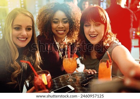 Woman, friends and drinks or club selfie, diversity and fun with alcohol or cocktails in party for entertainment. Smartphone, happy and online for social media post, technology and celebration
