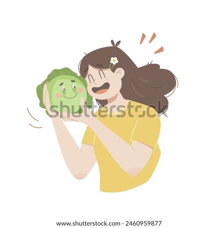 Vegetarian woman holding happy cabbage character