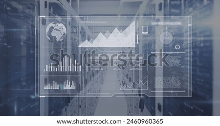 Image of digital screen with data processing over servers. Network, computers, data processing and technology concept digitally generated image.