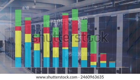 Image of graph and numbers over servers. Network, computers, finance, data processing and technology concept digitally generated image.