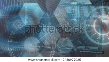 Image of digital screen with processing circles and hexagons. Digital interface, computers and data processing concept digitally generated image.