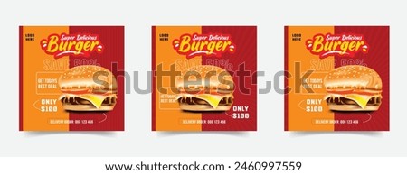 Food social media post template. vector illustration with burger. Set of Editable square banner template design for food post. Suitable for Social Media Post restaurant and culinary. for post, web, ad