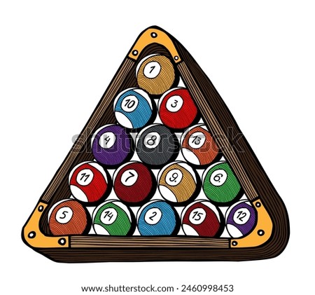Billiard, pool balls in the wooden triangle. Hand drawn in cartoon style