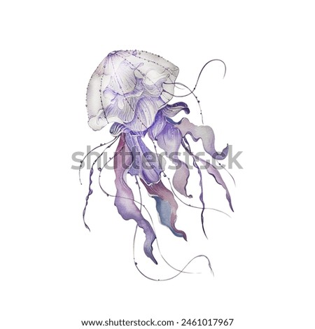 Watercolor Beautiful Jellyfish . Lilac Tones. Element Design for Postcards, Posters, Flyers, Logos Of Travel Agencies, Beach Summer Accessories, Travel List, Stationery, Home Textiles in Marine Theme