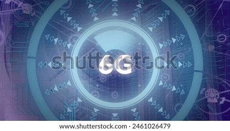 Image of 6g text and data processing over computer servers. Global connections, computing, digital interface and data processing concept digitally generated image.