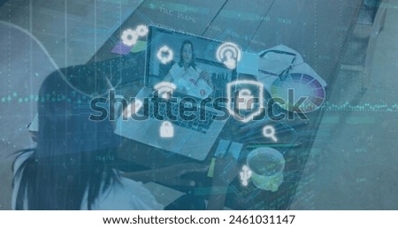 Image of data and security icons over woman using laptop. Global business connections digital interface and technology concept digitally generated image.