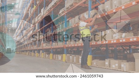 Image of financial data processing with envelope icons over caucasian male worker in warehouse. Global shipping, delivery and digital interface concept digitally generated image.