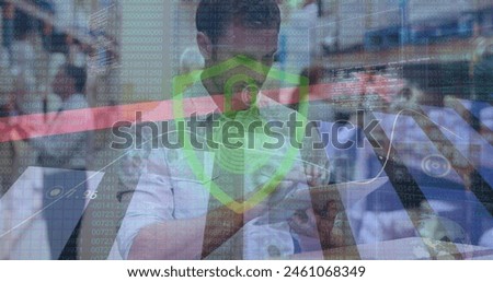 Image of padlock icon and data processing over caucasian male worker in warehouse. Global shipping, delivery and digital interface concept digitally generated image.