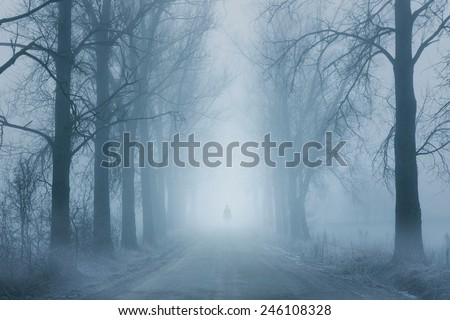 Silhouette of a lonely man standing on the foggy road