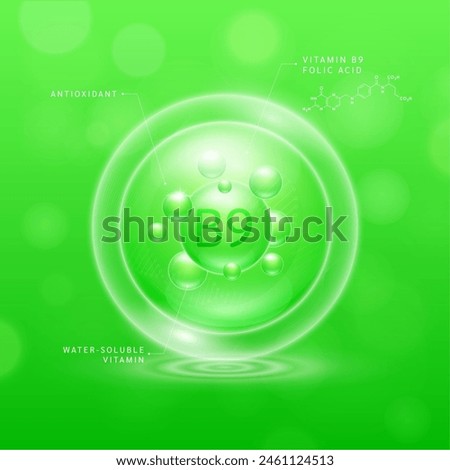 Vitamin B9 solution green and chemical structure of Folic Acid. Water soluble vitamins. Collagen serum hyaluronic acid with antioxidants for brighter skin. Cosmetic beauty nutrition. Vector. Royalty-Free Stock Photo #2461124513