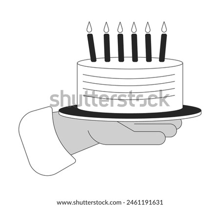 Birthday cake with burning candles showing cartoon human hand outline illustration. Festive dessert 2D isolated black and white vector image. Holiday confectionery flat monochromatic drawing clip art