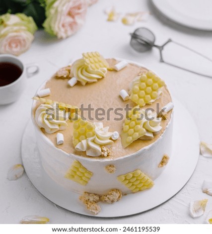 Stylish vanilla cake decorated with whipped cream swirls and honeycomb pieces on a white table