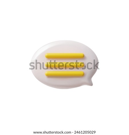 3D chat bubble, white with yellow stripes for social media icon. Vector speech cloud on isolated background for communication interface. Chat window icon.