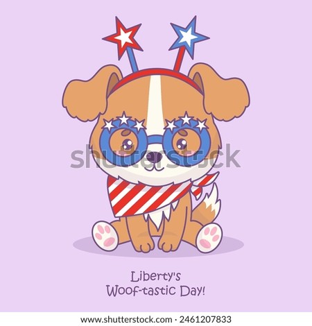 Funny dog wearing holiday accessories in colors of American flag. Cute cartoon patriotic animal character. Postcard American Independence Day. Vector illustration with congratulations slogan