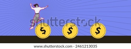 Composite collage picture image of running female golden coins rolling earn money weird freak bizarre unusual fantasy billboard