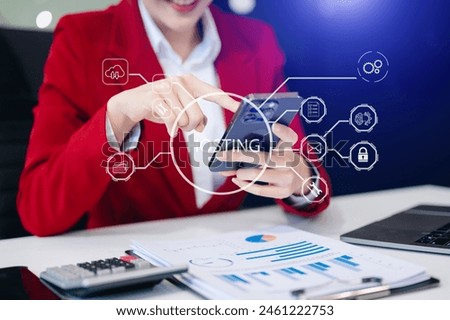 Web hosting concept, business using computer and presses his finger on the virtual screen inscription Hosting on desk, Internet, business, Technology and network concept.


