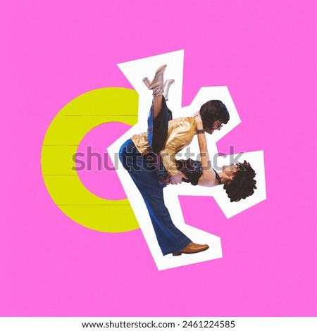 Poster. Contemporary art collage. Talent and artistic duo of man and woman dance in style of 90s against vibrant background. Concept of carefree, music rhythm, party, disco. Trendy magazine style. Ad