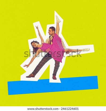 Poster. Contemporary art collage. Guy and girl dressed in retro clothes dancing twist with improvisation. Concept of carefree, music rhythm, party, disco. Trendy magazine style. Ad
