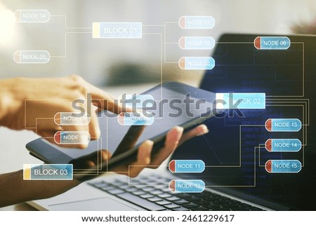 Abstract creative coding illustration with finger clicks on a digital tablet on background, software development concept. Multiexposure