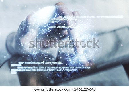 Double exposure of abstract creative programming illustration with world map and finger clicks on a digital tablet on background, big data and blockchain concept