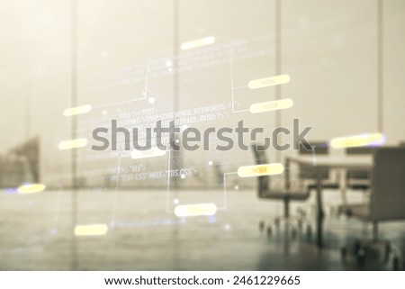 Abstract virtual coding illustration on a modern coworking room background, software development concept. Multiexposure