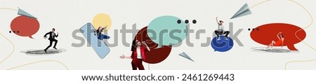 Banner collage picture of funny cheerful crazy people chatting speaking have fun weekend isolated on drawing background