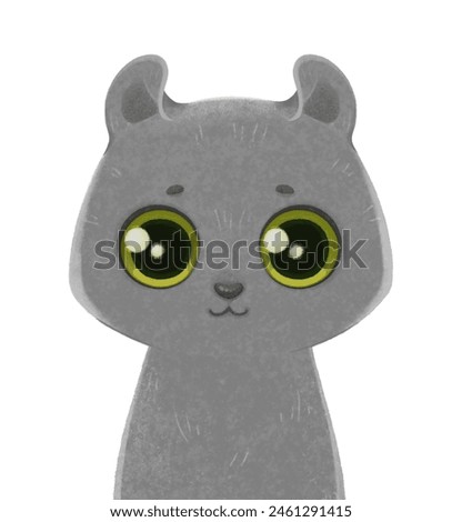 American curl Gray. Cute cat portrait. Cat breeds. Watercolor Illustration with cat. Character isolated on white background. Children's cartoon design.