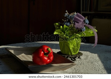 a shriveled but still edible bell pepper lies in the sunlight on a wooden plate, a withered potted plant with green paper packaging stands next to it Royalty-Free Stock Photo #2461301703