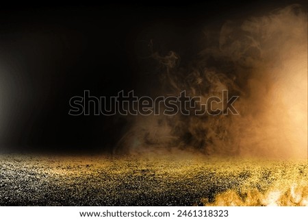 Empty soccer field in a sports stadium with spotlights smoke and a dark background