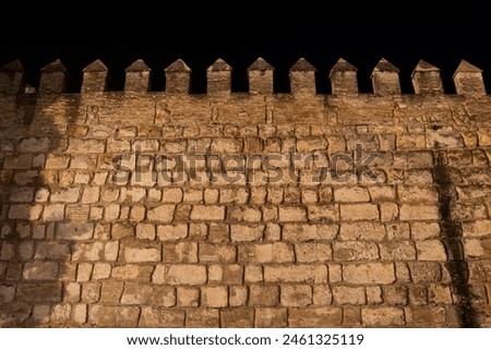Wall of the Real Alcazar at night in Seville, Spain, stone fortification with brick battlement. Royalty-Free Stock Photo #2461325119