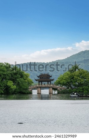 Serene Lake with Traditional East Asian Pavilion