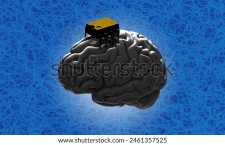 Concept art of installing chip to human brain to enhance performance. Science breakthrough, black and white digital collage art.
