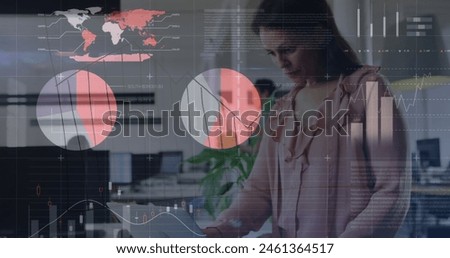 Image of financial data processing over caucasian businesswoman in office. Global business, connections, computing, digital interface and data processing concept digitally generated image.