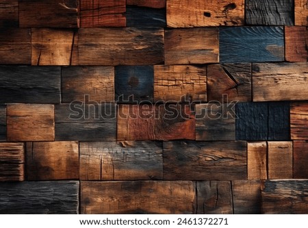 Empty old,cracked and grungy dark wood wall texture backgrounds.Dark wooden cubes background. Frontal view. Free copy space.