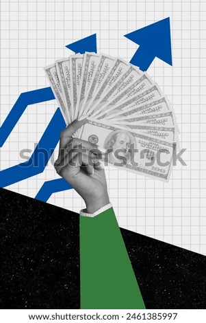 Creative collage of hold banknotes money fan dollars trading financier bizarre unusual fantasy billboard comics Royalty-Free Stock Photo #2461385997