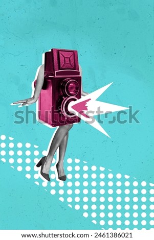 Creative trend collage of funny female legs beautiful retro camera photographing unusual fantasy billboard comics zine