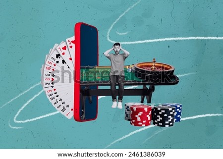 Creative abstract template collage of funny shocked man play online casino cards chips las vegas freak bizarre unusual fantasy billboard Royalty-Free Stock Photo #2461386039