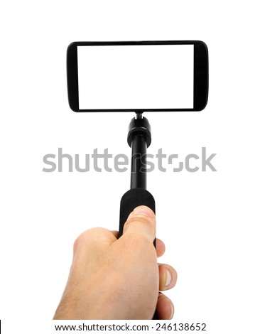 taking selfie - hand hold monopod with mobile phone Royalty-Free Stock Photo #246138652