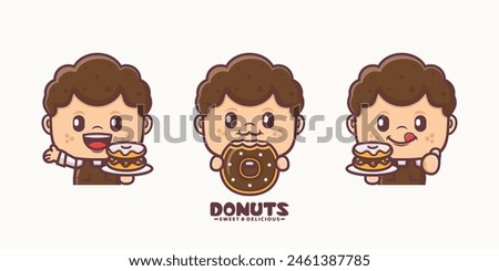 male cartoon mascot with donuts, suitable for culinary identity.