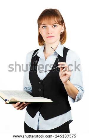Portrait of a girl with a book isolated on white background.