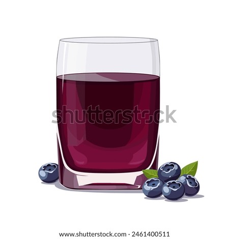 Full glass of purple freshly and healthy squeezed blueberry juice isolated on white background. Vector illustration in flat style with dietary drink. Summer clipart for card, banner, flyer, poster des