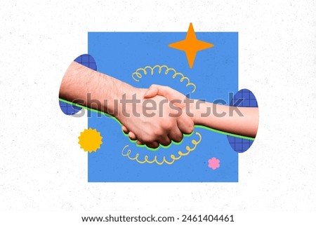 Composite photo collage of people hand shake greeting gesture agreement success deal love together sympathy isolated on painted background