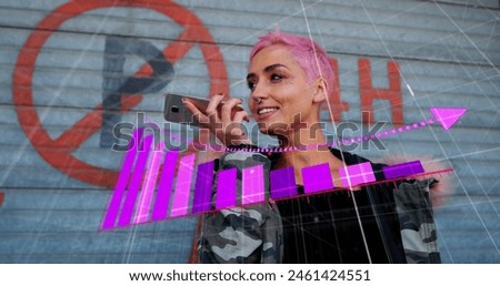 Image of arrow on falling graphs over biracial woman talking on speaker of cellphone. Digital composite, multiple exposure, communication, loss, reduction, report, business and technology concept. Royalty-Free Stock Photo #2461424551