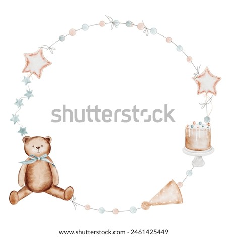 Happy Birthday watercolor frame. Hand drawn festive elements teddy bear, cake on stand, cap and garland. Clip art isolated on white background in neutral colors. Ideal for cards, invitations and