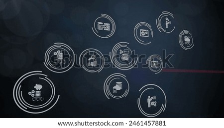 Image of business icons over data processing on black background. Global business, communication and data processing concept digitally generated image.