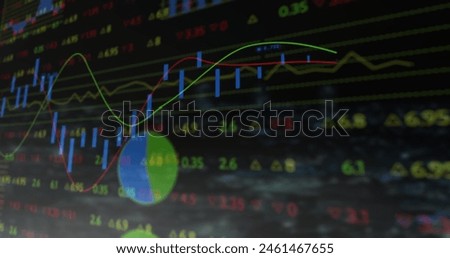 Image of financial data processing over dark background. Global finance, business, connections, computing and data processing concept digitally generated image.