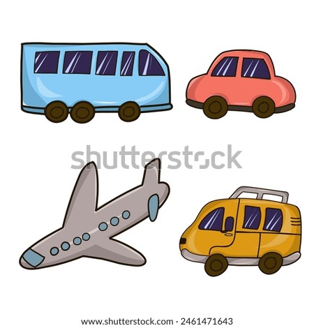 Vehicle and travel vector art illustration, a set of various land and air vehicles