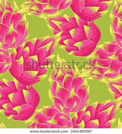 Seamless pattern with dragon fruits isolated on pink background. Vector Illustration of the exotic tropical pitayas.