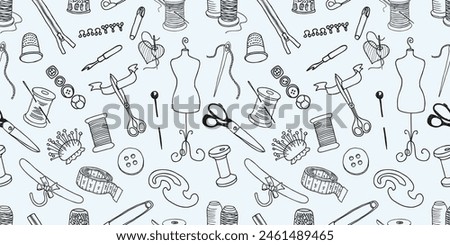 Sewing tools set, seamless pattern, atelier,fashion, contour drawings, dressmaking, vector background,wallpaper,paper