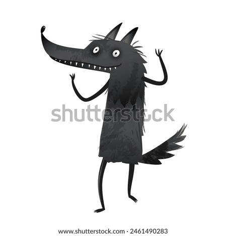 Scary big wolf smiling, funny character design. Angry animal wolf character, fun cartoon for kids story or fairy tale. Artistic vector children illustration in watercolor style, isolated clipart.